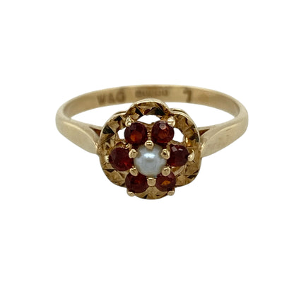 9ct Gold Seed Pearl & Garnet Flower Cluster Ring