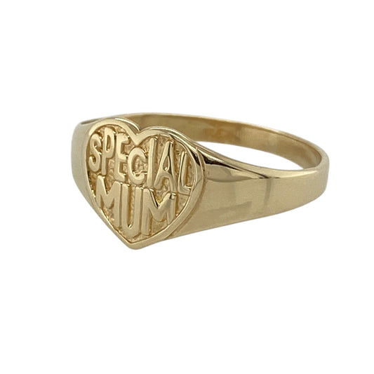This pre-owned 9ct yellow gold ‘Special Mum’ heart signet ring is a meaningful design, featuring a heart-shaped front with sentimental detailing.

Design: Featuring a heart-shaped signet design with ‘Special Mum’ detailing, this ring is finished in warm 9ct yellow gold.
Material: Made from 9-carat yellow gold.
Ring Detail: Heart-shaped front measuring approximately 9mm high with ‘Special Mum’ detailing.
Size & Weight: Ring size K. Total weight 1.40 grams.