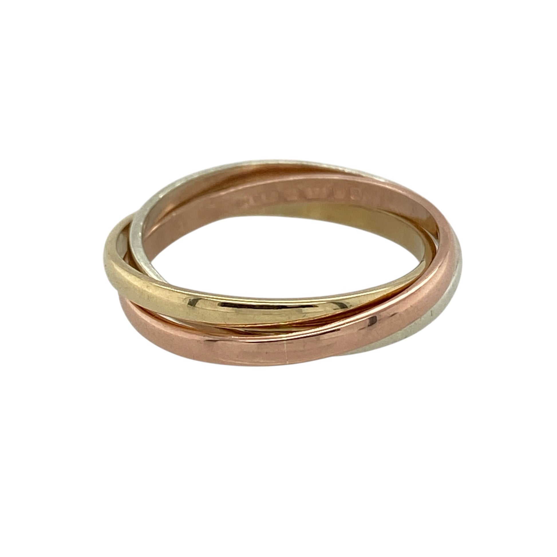 This pre-owned 9ct yellow, rose and white gold three band ring is a distinctive three-tone design, combining three contrasting gold colours.

Design: Featuring three individual bands in yellow, rose and white gold, this ring creates a classic three-tone design.
Material: Made from 9-carat yellow, rose and white gold.
Ring Detail: Each band measures approximately 1.5mm wide, with an overall width of approximately 4mm when worn together.
Size & Weight: Ring size M. Total weight 2.80 grams.