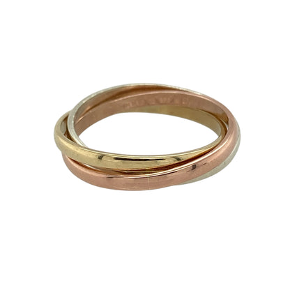 This pre-owned 9ct yellow, rose and white gold three band ring is a distinctive three-tone design, combining three contrasting gold colours.

Design: Featuring three individual bands in yellow, rose and white gold, this ring creates a classic three-tone design.
Material: Made from 9-carat yellow, rose and white gold.
Ring Detail: Each band measures approximately 1.5mm wide, with an overall width of approximately 4mm when worn together.
Size & Weight: Ring size M. Total weight 2.80 grams.