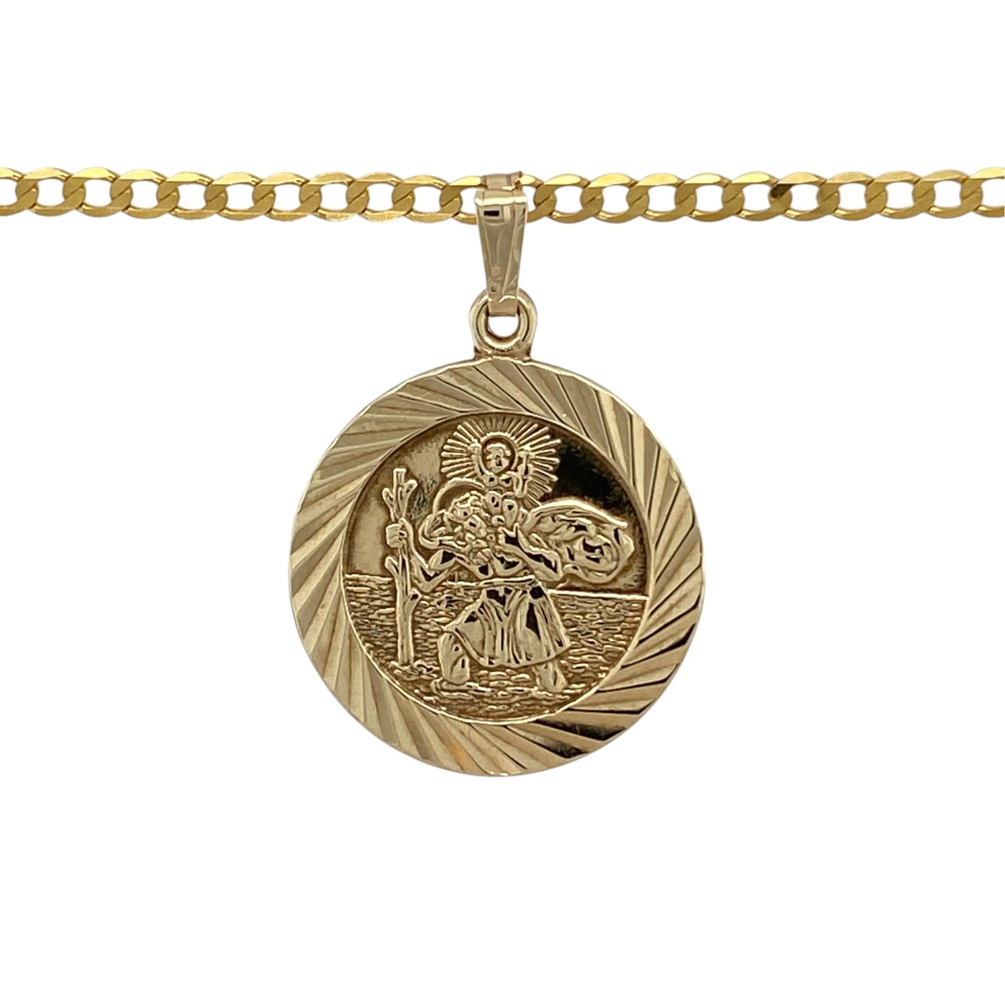 This pre-owned 9ct yellow gold St Christopher pendant necklace is a traditional and meaningful design, featuring the classic St Christopher motif.

Design: Featuring a traditional St Christopher pendant, this necklace is finished in warm 9ct yellow gold and suspended from a 20-inch curb chain.
Material: Made from 9-carat yellow gold.
Pendant Detail: St Christopher pendant measures approximately 3cm long including the bail.