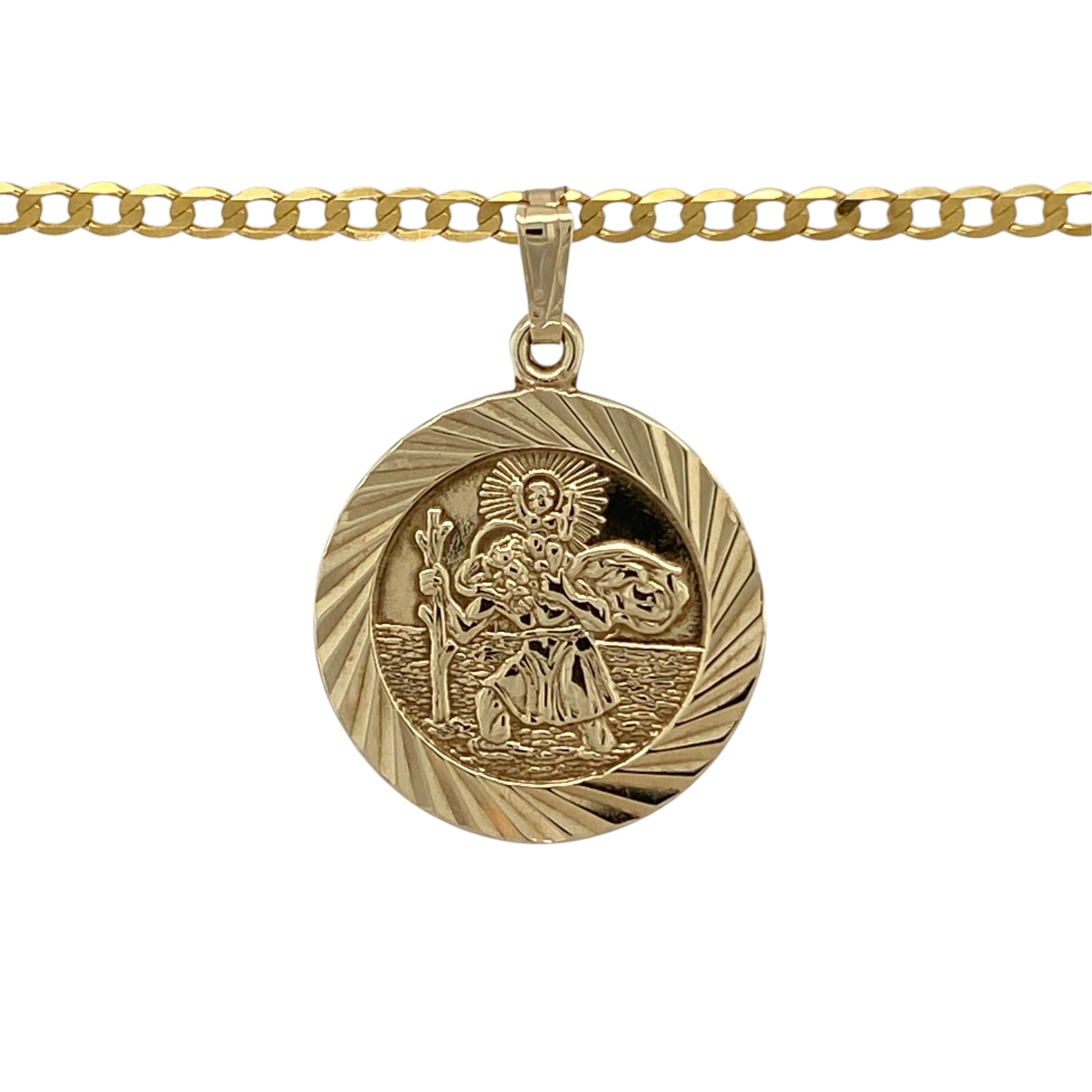 This pre-owned 9ct yellow gold St Christopher pendant necklace is a traditional and meaningful design, featuring the classic St Christopher motif.

Design: Featuring a traditional St Christopher pendant, this necklace is finished in warm 9ct yellow gold and suspended from a 20-inch curb chain.
Material: Made from 9-carat yellow gold.
Pendant Detail: St Christopher pendant measures approximately 3cm long including the bail.