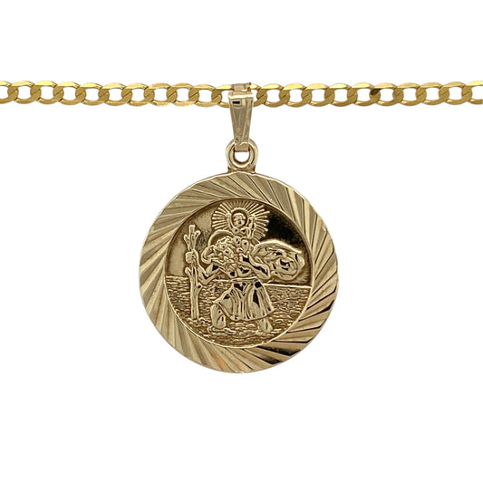 This pre-owned 9ct yellow gold St Christopher pendant necklace is a traditional and meaningful design, featuring the classic St Christopher motif.

Design: Featuring a traditional St Christopher pendant, this necklace is finished in warm 9ct yellow gold and suspended from a 20-inch curb chain.
Material: Made from 9-carat yellow gold.
Pendant Detail: St Christopher pendant measures approximately 3cm long including the bail.