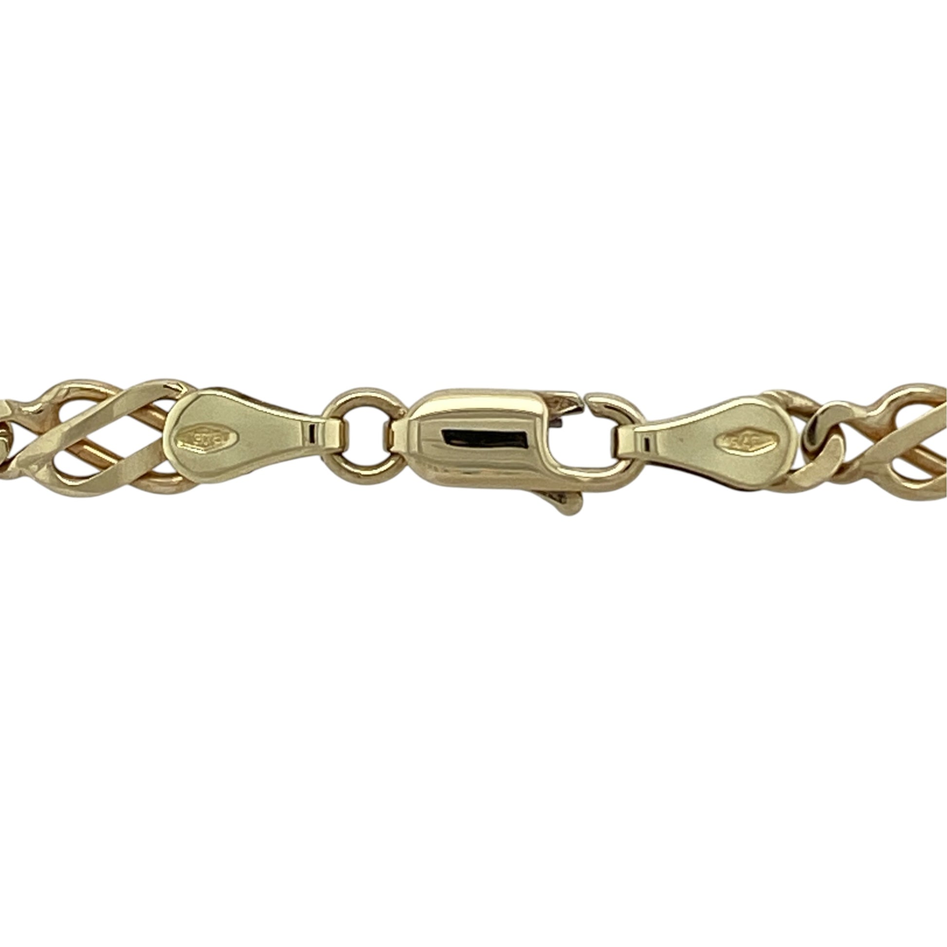 This pre-owned 9ct yellow gold Celtic link chain is a substantial decorative design, featuring distinctive Celtic-inspired links.

Design: Featuring a decorative Celtic link pattern, this chain has a substantial profile finished in warm 9ct yellow gold.
Material: Made from 9-carat yellow gold.
Chain Detail: Celtic-style links measure approximately 5mm wide.
Size & Weight: Approximately 20 inches long. Total weight 14.40 grams.