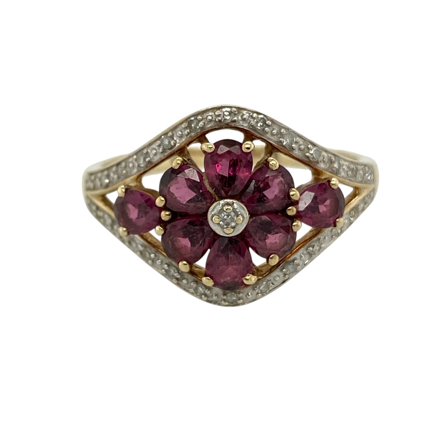 9ct Gold Diamond & Ruby Flower Ring