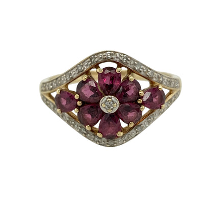 9ct Gold Diamond & Ruby Flower Ring