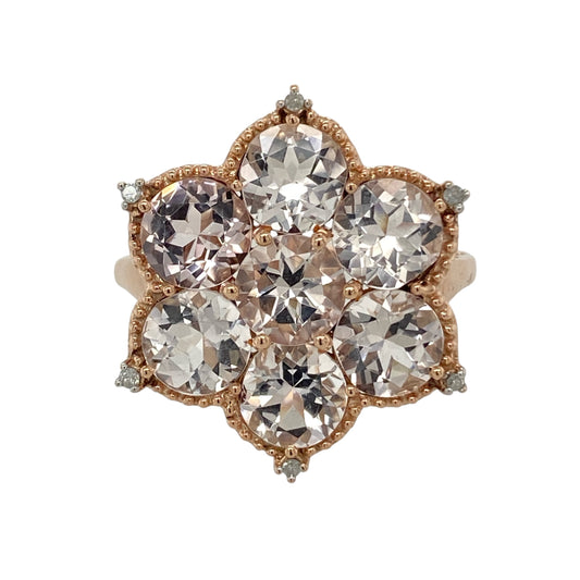 9ct Gold Diamond & Quartz Flower Ring