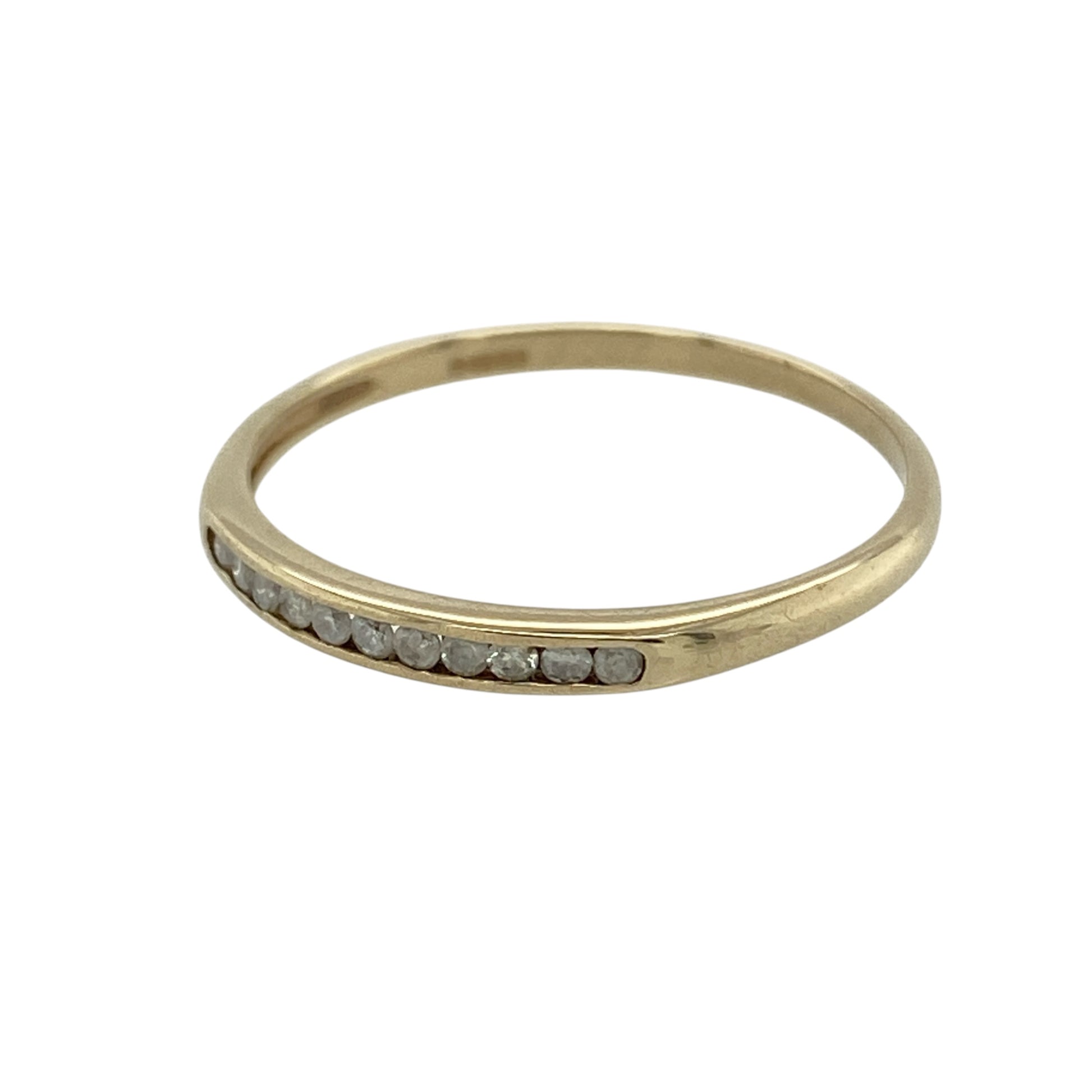 This pre-owned 9ct yellow gold diamond band ring is a classic and delicate design, featuring diamond detailing across the front.

Design: Featuring a slim band design with diamond detailing across the front, this ring is finished in warm 9ct yellow gold.
Material: Made from 9-carat yellow gold.
Gemstone Detail: Set with diamonds.
Ring Detail: Front of the band measures approximately 2mm wide.
Size & Weight: Ring size Q. Total weight 1.10 grams.