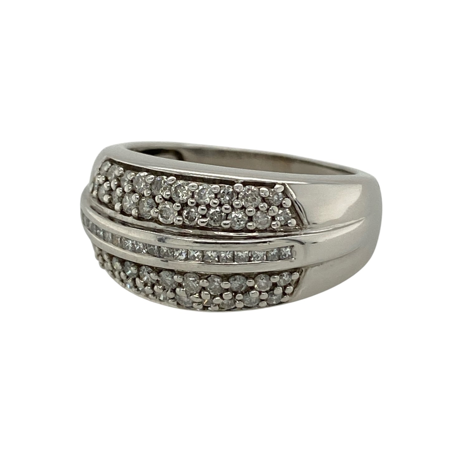 This pre-owned 9ct white gold diamond wide band ring is a bold stone-set design, featuring diamond detailing across the front.

Design: Featuring a wide band design with diamond detailing, this ring has a bold profile finished in 9ct white gold.
Material: Made from 9-carat white gold.
Gemstone Detail: Set with diamonds.
Ring Detail: Front of the band measures approximately 9mm wide.
Size & Weight: Ring size L. Total weight 5.30 grams.