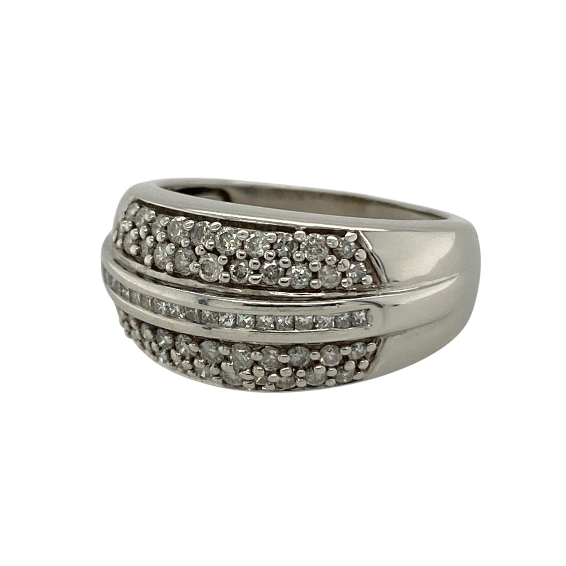 This pre-owned 9ct white gold diamond wide band ring is a bold stone-set design, featuring diamond detailing across the front.

Design: Featuring a wide band design with diamond detailing, this ring has a bold profile finished in 9ct white gold.
Material: Made from 9-carat white gold.
Gemstone Detail: Set with diamonds.
Ring Detail: Front of the band measures approximately 9mm wide.
Size & Weight: Ring size L. Total weight 5.30 grams.