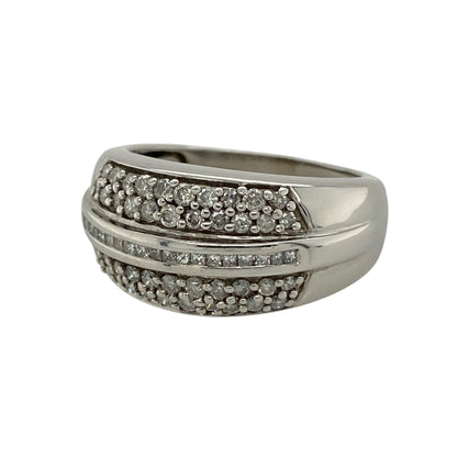 This pre-owned 9ct white gold diamond wide band ring is a bold stone-set design, featuring diamond detailing across the front.

Design: Featuring a wide band design with diamond detailing, this ring has a bold profile finished in 9ct white gold.
Material: Made from 9-carat white gold.
Gemstone Detail: Set with diamonds.
Ring Detail: Front of the band measures approximately 9mm wide.
Size & Weight: Ring size L. Total weight 5.30 grams.