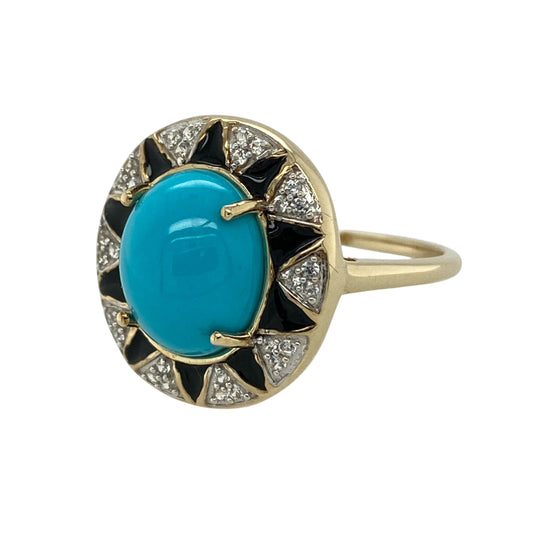 This pre-owned 9ct yellow gold turquoise coloured stone and cubic zirconia dress ring is a bold decorative design, featuring contrasting black enamel detailing.

Design: Featuring an oval turquoise coloured centre stone with cubic zirconia and black enamel detailing, this dress ring combines contrasting colours with the warm finish of 9ct yellow gold.
Material: Made from 9-carat yellow gold with black enamel detailing.