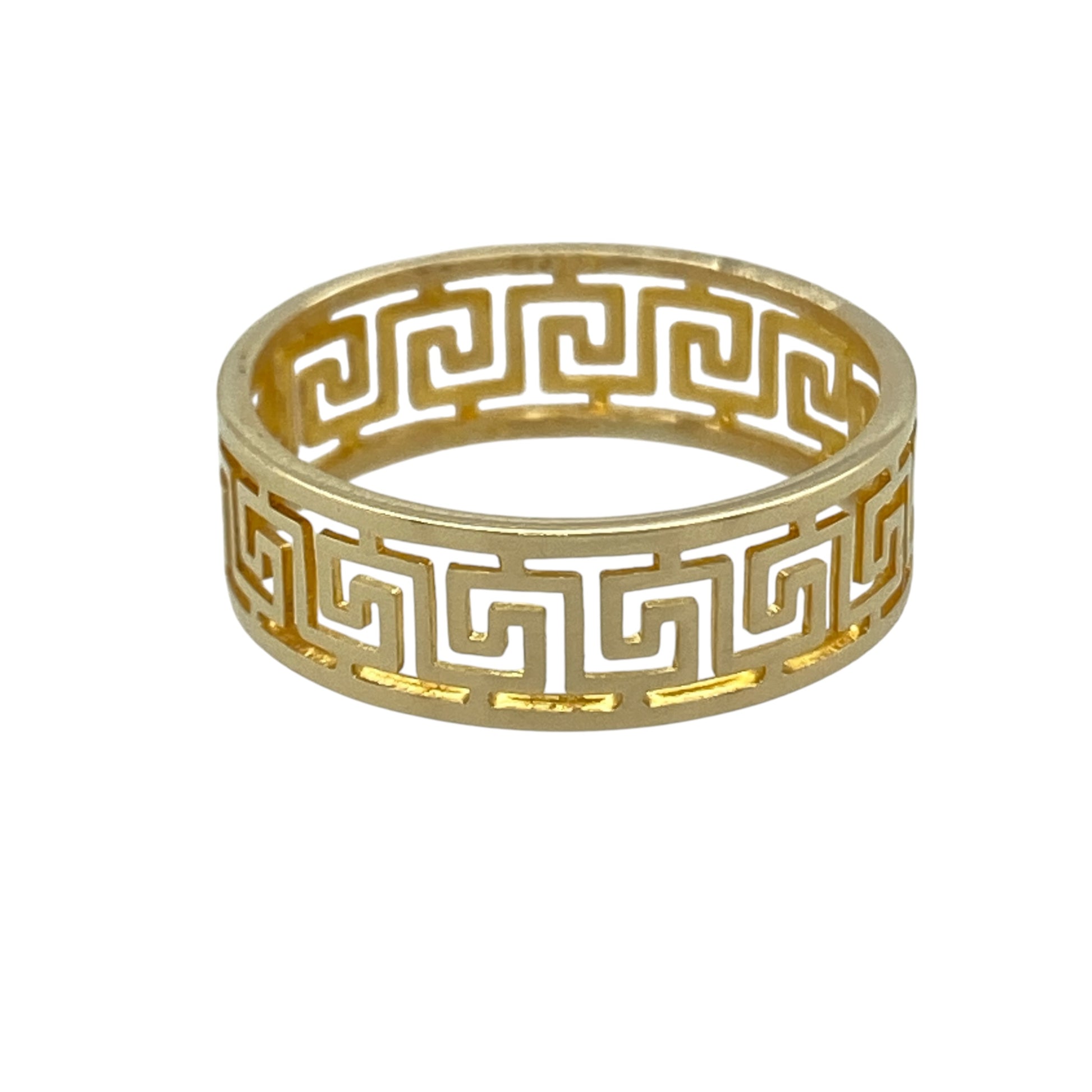 This pre-owned 14ct yellow gold Greek Key band ring is a distinctive patterned design, featuring the classic geometric Greek Key motif.

Design: Featuring a traditional Greek Key pattern around the band, this ring has a decorative geometric finish in warm 14ct yellow gold.
Material: Made from 14-carat yellow gold.
Ring Detail: Greek Key patterned band measuring approximately 6mm wide.
Size & Weight: Ring size L. Total weight 1.40 grams.