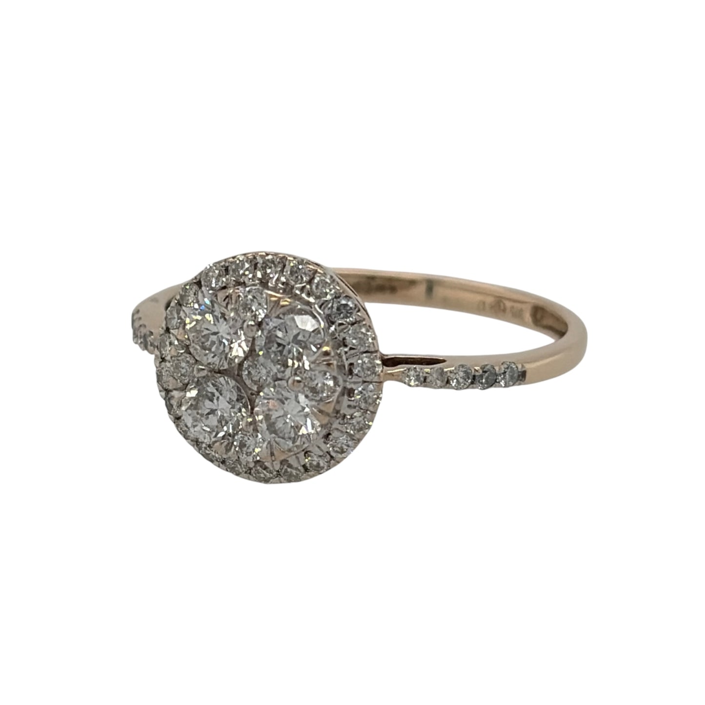 This pre-owned 9ct yellow gold diamond round halo cluster ring is a classic design, featuring a round diamond cluster with additional diamond detailing along the shoulders.

Design: Featuring a round halo cluster design with diamonds extending onto the shoulders, this ring has a classic stone-set appearance finished in warm 9ct yellow gold.
Material: Made from 9-carat yellow gold.
Gemstone Detail: Set with diamonds in a round halo cluster with additional diamonds along the shoulders.
