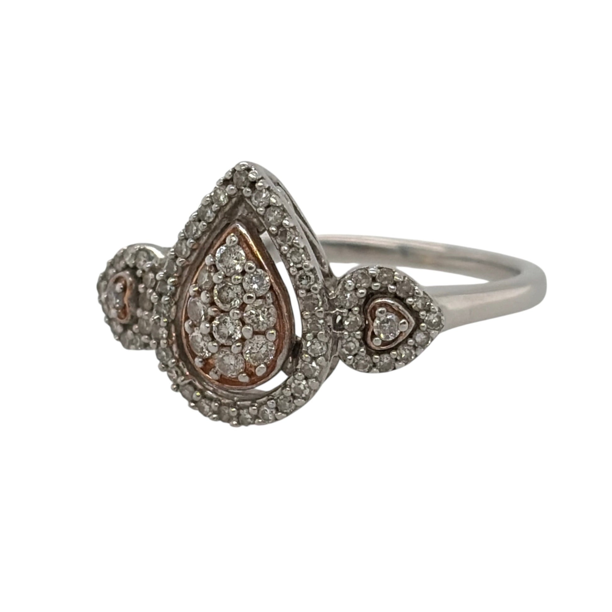 This pre-owned 9ct white and rose gold diamond teardrop cluster ring is a distinctive two-tone design, featuring a teardrop-shaped diamond cluster.

Design: Featuring a teardrop-shaped cluster design set with diamonds, this ring combines white and rose gold for a contrasting two-tone finish.
Material: Made from 9-carat white and rose gold.
Gemstone Detail: Set with approximately 0.39ct of diamond content in total.
Ring Detail: Teardrop cluster measures approximately 13mm high across the front.