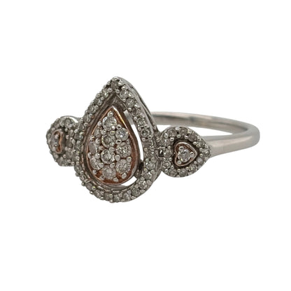 This pre-owned 9ct white and rose gold diamond teardrop cluster ring is a distinctive two-tone design, featuring a teardrop-shaped diamond cluster.

Design: Featuring a teardrop-shaped cluster design set with diamonds, this ring combines white and rose gold for a contrasting two-tone finish.
Material: Made from 9-carat white and rose gold.
Gemstone Detail: Set with approximately 0.39ct of diamond content in total.
Ring Detail: Teardrop cluster measures approximately 13mm high across the front.