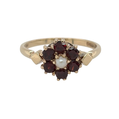 9ct Gold Garnet & Pearl Flower Cluster Ring