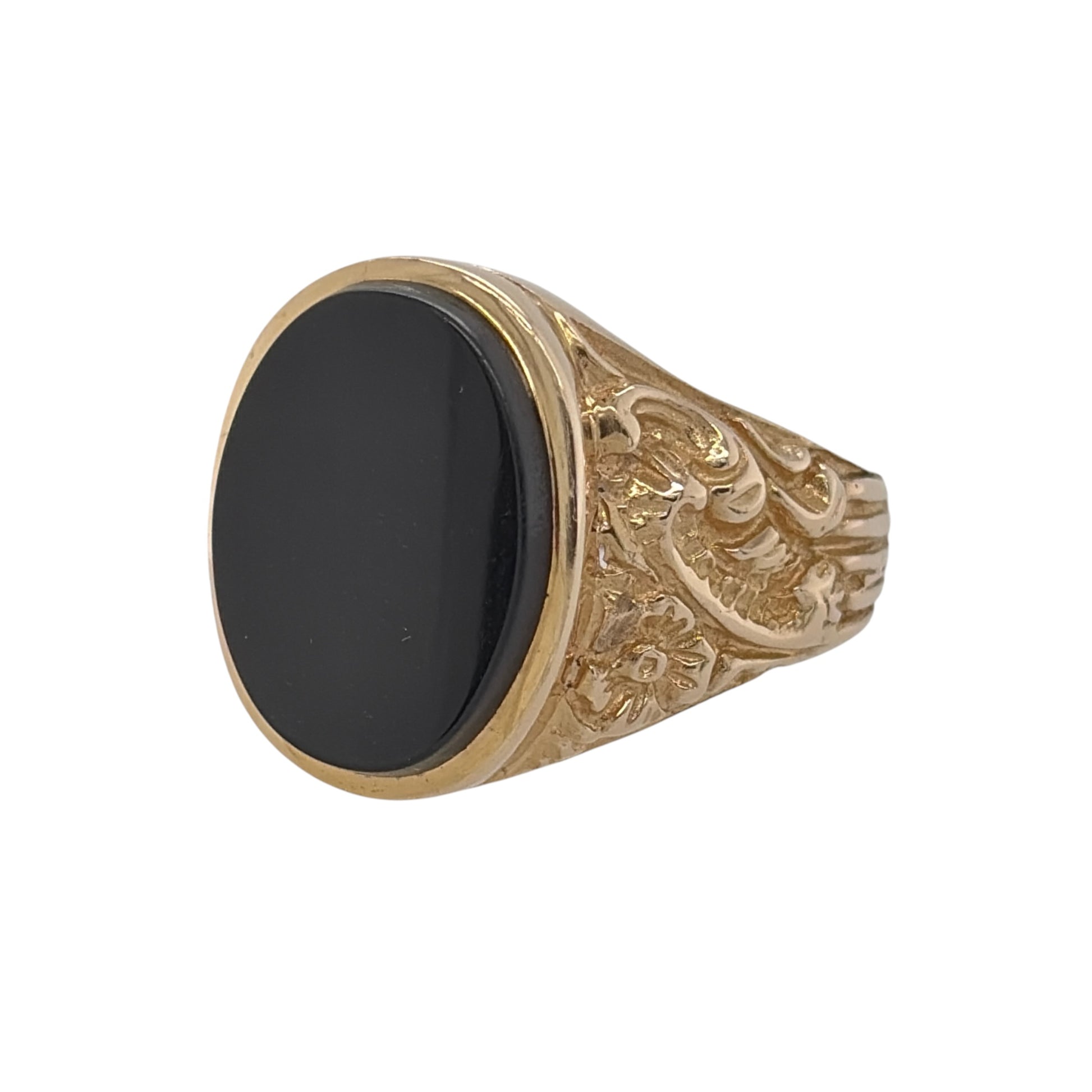 This pre-owned 9ct yellow gold onyx oval signet ring is a distinctive traditional design, featuring a large oval onyx surrounded by decorative floral detailing.

Design: Featuring an oval onyx centre stone surrounded by a flower-patterned design, this signet ring has a bold traditional appearance finished in warm 9ct yellow gold.
Material: Made from 9-carat yellow gold.
Gemstone Detail: Oval onyx stone measuring approximately 15mm by 11mm.