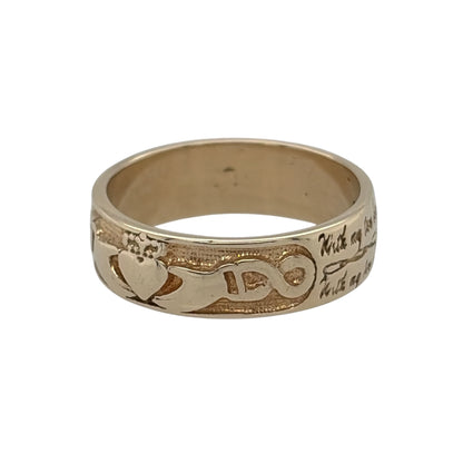 This pre-owned 9ct yellow gold Claddagh band ring is a meaningful traditional design, featuring the iconic Claddagh motif and a sentimental inscription.

Design: Featuring a traditional Claddagh design, this band ring represents love, loyalty and friendship and is finished in warm 9ct yellow gold.
Material: Made from 9-carat yellow gold.
Ring Detail: Band measures approximately 6mm wide and features the inscription, ‘With my two hands, I give you my heart and crown it with my love’.