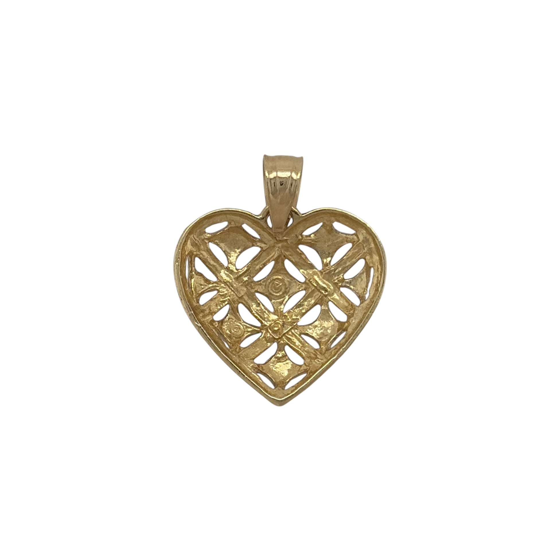 This pre-owned 9ct yellow and white gold patterned heart pendant is a decorative two-tone design, featuring open filigree and criss-cross detailing.

Design: Featuring an open heart shape with filigree criss-cross patterned detailing, this pendant combines yellow and white gold for a contrasting two-tone finish.
Material: Made from 9-carat yellow and white gold.
Pendant Detail: Open filigree criss-cross heart design with a bail measuring approximately 4mm by 4mm.
Size & Weight: Total weight 0.90 grams.