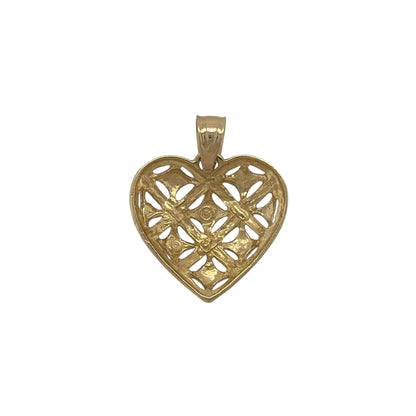 This pre-owned 9ct yellow and white gold patterned heart pendant is a decorative two-tone design, featuring open filigree and criss-cross detailing.

Design: Featuring an open heart shape with filigree criss-cross patterned detailing, this pendant combines yellow and white gold for a contrasting two-tone finish.
Material: Made from 9-carat yellow and white gold.
Pendant Detail: Open filigree criss-cross heart design with a bail measuring approximately 4mm by 4mm.
Size & Weight: Total weight 0.90 grams.
