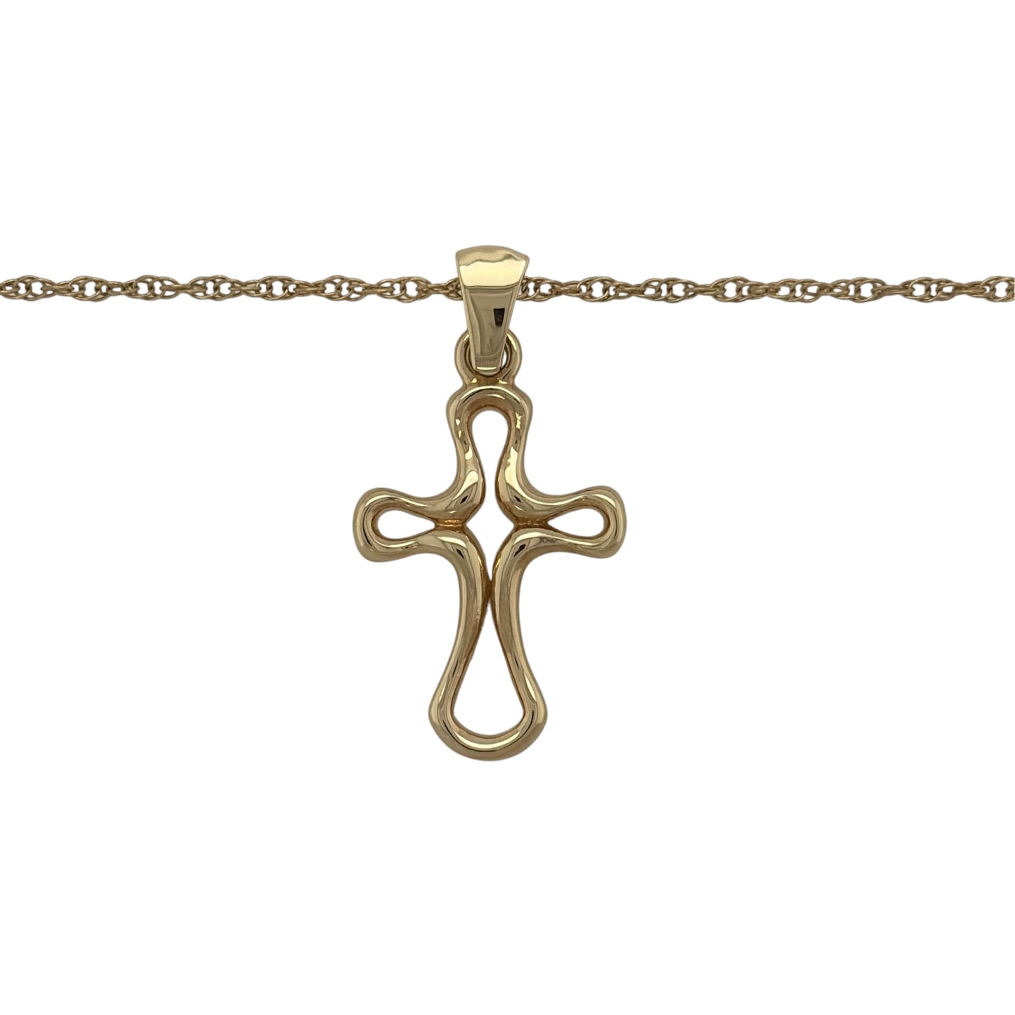 This pre-owned 9ct yellow gold open cross pendant necklace is a classic and meaningful design, featuring an open cross suspended from a Prince of Wales chain.

Design: Featuring a simple open cross design, this pendant is finished in warm 9ct yellow gold and suspended from an 18-inch Prince of Wales chain.
Material: Made from 9-carat yellow gold.
Pendant Detail: Open cross pendant measures approximately 3cm long including the bail.
Size & Weight: Prince of Wales chain measures approximately 18 inches long. 
