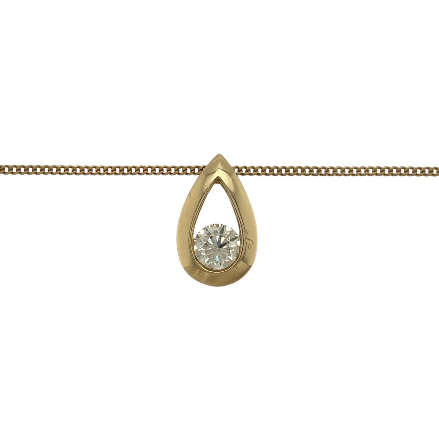This pre-owned 18ct yellow gold diamond teardrop pendant necklace is an elegant design, featuring a brilliant cut diamond set within a classic teardrop-shaped pendant.

Design: Featuring a teardrop-shaped pendant, this necklace showcases a single brilliant cut diamond set in warm 18ct yellow gold and suspended from a curb chain.
Material: Made from 18-carat yellow gold.
Gemstone Detail: Set with one brilliant cut diamond of approximately 0.50ct.