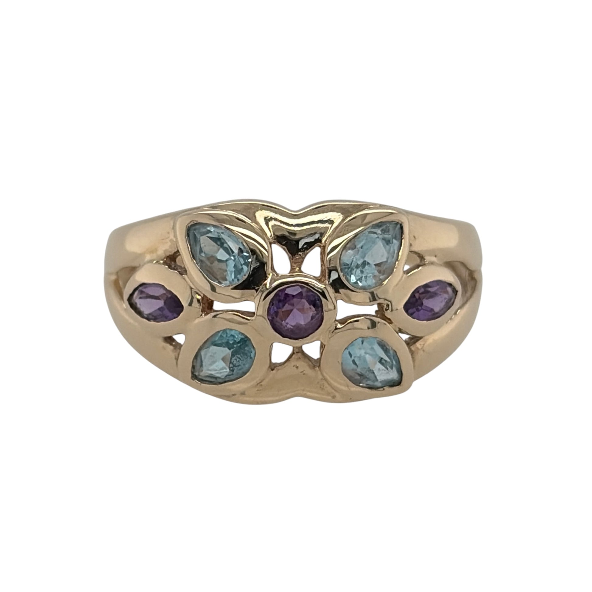 9ct Gold Blue Topaz & Amethyst Flower Ring