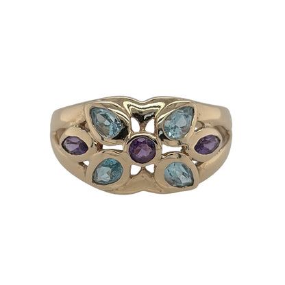 9ct Gold Blue Topaz & Amethyst Flower Ring