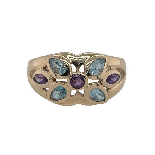 9ct Gold Blue Topaz & Amethyst Flower Ring