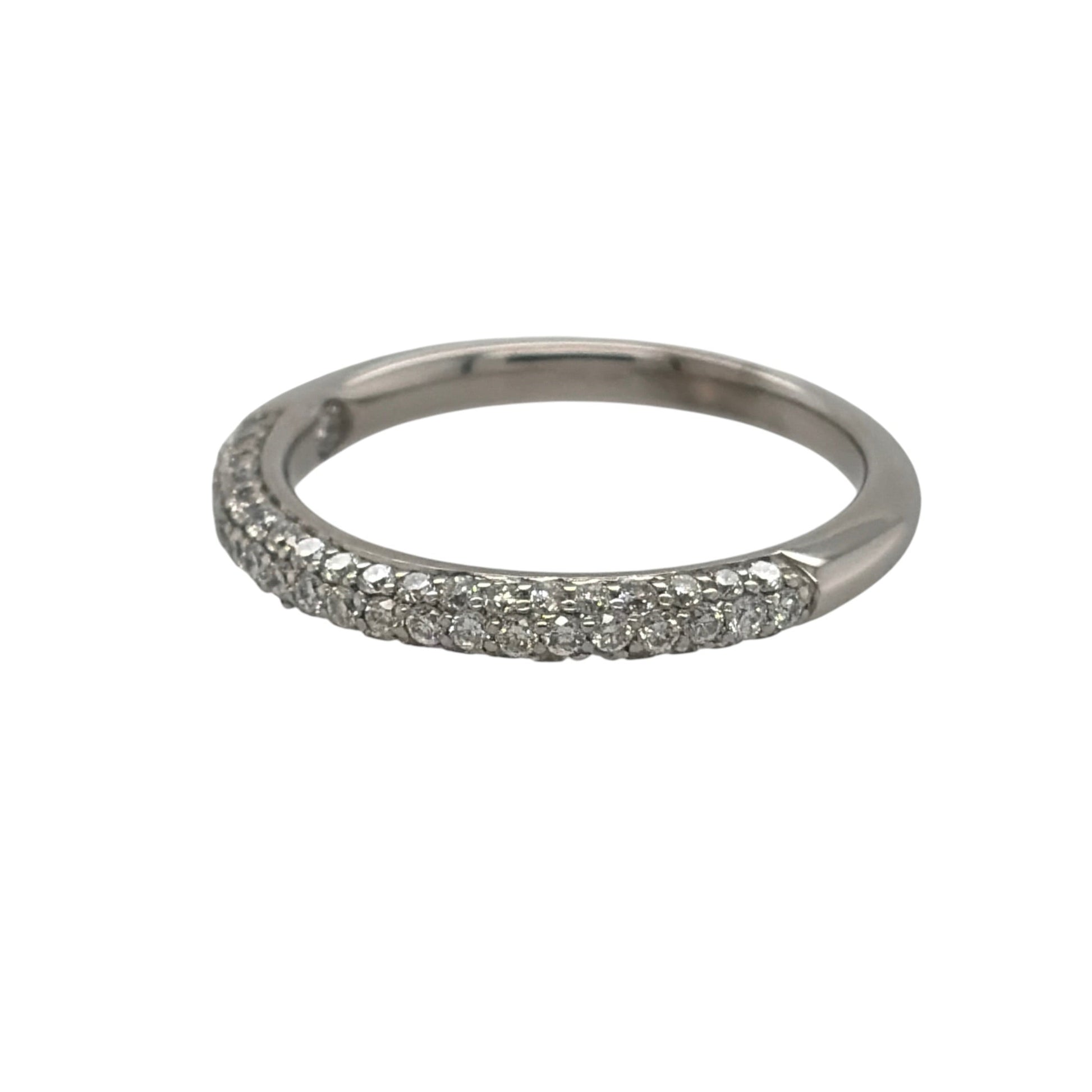 This pre-owned 18ct white gold diamond three row band ring is a classic design, featuring three rounded rows with diamond detailing across the front.

Design: Featuring a three row rounded design, this ring has diamond detailing set across the front for a distinctive layered appearance in 18ct white gold.
Material: Made from 18-carat white gold.
Gemstone Detail: Set with diamonds across the three row design.
Ring Detail: The front of the band measures approximately 2mm wide.