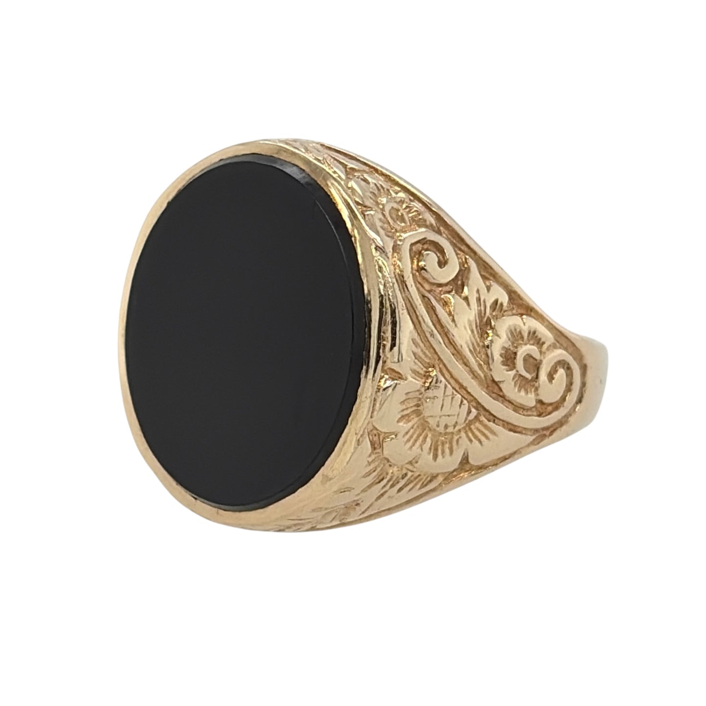 This pre-owned 9ct yellow gold onyx oval signet ring is a distinctive traditional design, featuring a large oval onyx stone with decorative flower-patterned detailing around the setting.

Design: Featuring a classic oval signet-style profile, this ring has a bold onyx centre surrounded by decorative flower-patterned detailing in warm 9ct yellow gold.
Material: Made from 9-carat yellow gold.
Gemstone Detail: Set with an oval onyx stone measuring approximately 15mm by 12mm.