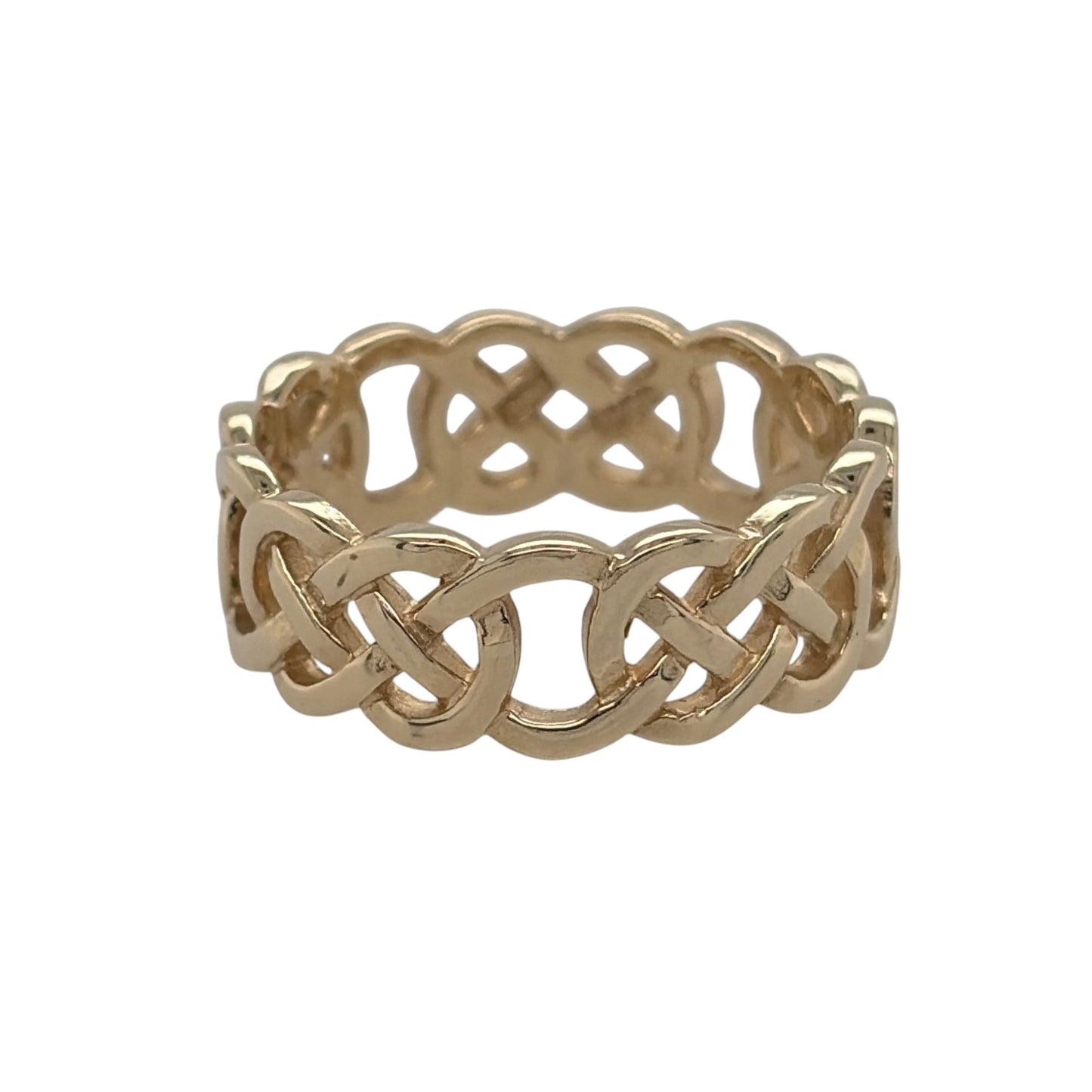 This pre-owned 9ct yellow gold Celtic knot band ring is a distinctive design, featuring traditional interwoven knot detailing around the band.

Design: Featuring a traditional Celtic knot pattern, this ring has decorative interwoven detailing finished in warm 9ct yellow gold.
Material: Made from 9-carat yellow gold.
Ring Detail: Celtic knot patterned band measuring approximately 7mm wide.
Size & Weight: Ring size R. Total weight 4.70 grams.