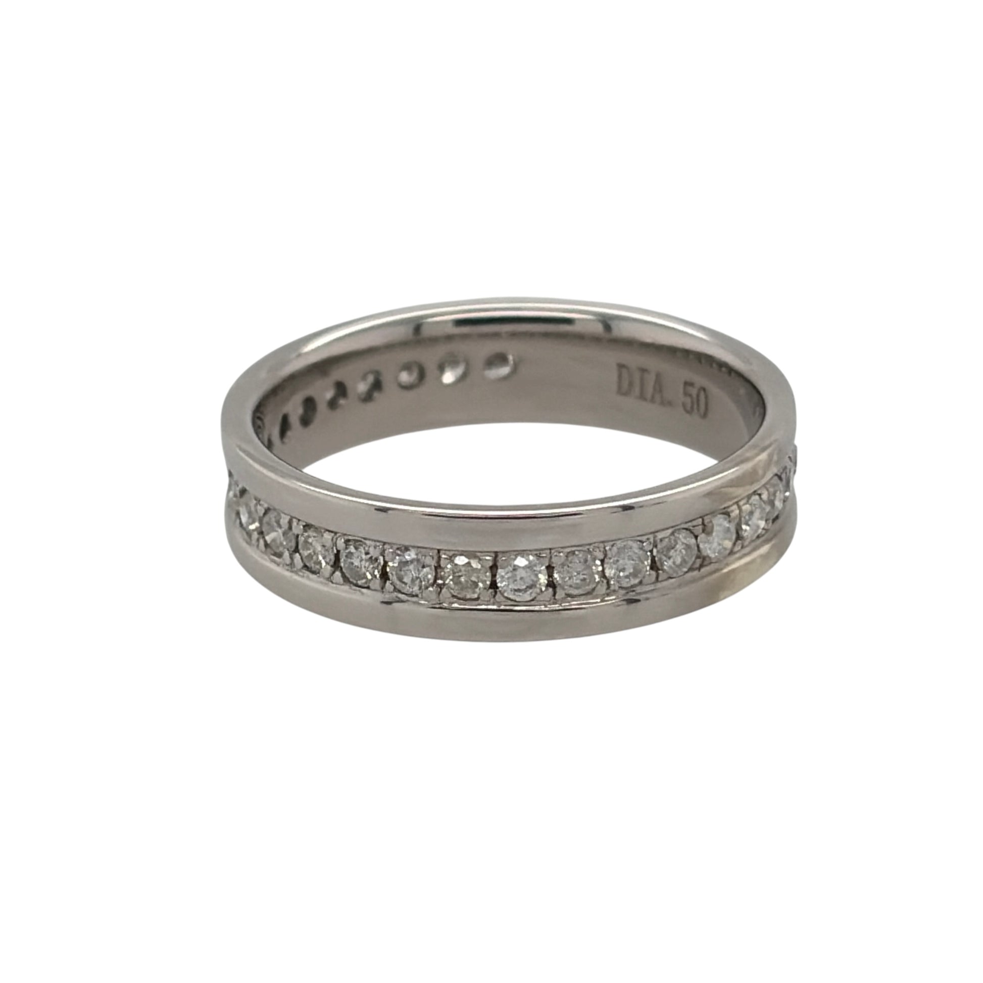 This pre-owned 9ct white gold diamond band ring is a timeless design, featuring diamond detailing set almost all the way around the band.

Design: Featuring a classic diamond band design, this ring has diamonds set around the majority of the band for a continuous detailed finish.
Material: Made from 9-carat white gold.
Gemstone Detail: Set with approximately 0.50ct of diamond content in total, extending almost all the way around the ring.
Ring Detail: Band measures approximately 4mm wide.