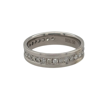 This pre-owned 9ct white gold diamond band ring is a timeless design, featuring diamond detailing set almost all the way around the band.

Design: Featuring a classic diamond band design, this ring has diamonds set around the majority of the band for a continuous detailed finish.
Material: Made from 9-carat white gold.
Gemstone Detail: Set with approximately 0.50ct of diamond content in total, extending almost all the way around the ring.
Ring Detail: Band measures approximately 4mm wide.