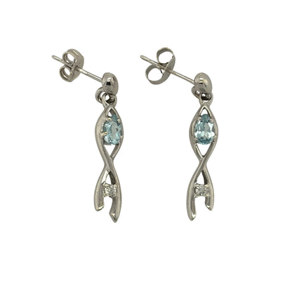 9ct White Gold Diamond & Aqua Drop Earrings