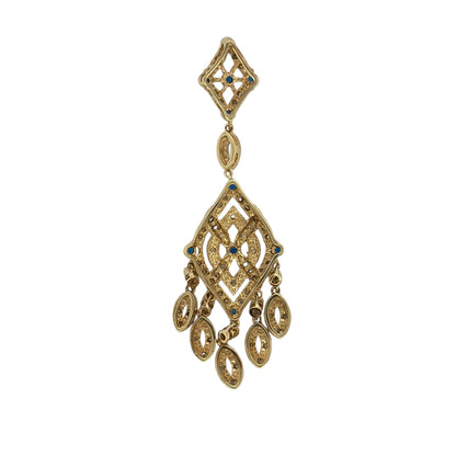 This pre-owned 9ct yellow gold diamond and blue stone fancy pendant is a striking statement design, featuring decorative detailing with blue stones and diamond accents.

Design: Featuring an elongated fancy design, this pendant combines blue stones with diamond detailing for a distinctive decorative appearance in warm 9ct yellow gold.
Material: Made from 9-carat yellow gold.
Gemstone Detail: Set with blue stones complemented by diamond detailing throughout the design.