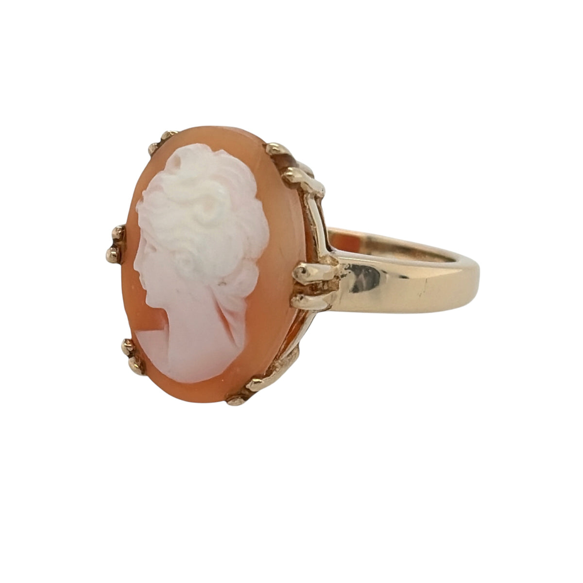 This pre-owned 9ct yellow gold cameo ring is a traditional design, featuring a large oval cameo as the centrepiece.

Design: Featuring a classic oval cameo design, this ring has a distinctive vintage-inspired appearance finished in warm 9ct yellow gold.
Material: Made from 9-carat yellow gold.
Gemstone Detail: Set with an oval cameo measuring approximately 16mm by 12mm.
Ring Detail: Traditional oval cameo setting designed to showcase the detailed centrepiece.