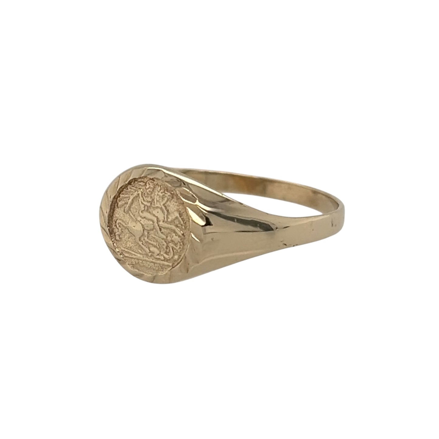 This pre-owned 9ct yellow gold George and the Dragon signet ring is a traditional design, featuring the iconic George and the Dragon motif across the front.

Design: Featuring a small round signet-style profile, this ring displays a George and the Dragon design finished in warm 9ct yellow gold.
Material: Made from 9-carat yellow gold.
Ring Detail: The round front of the ring measures approximately 8mm high and features a George and the Dragon motif.
Size & Weight: Ring size J. Total weight 1.10 grams.