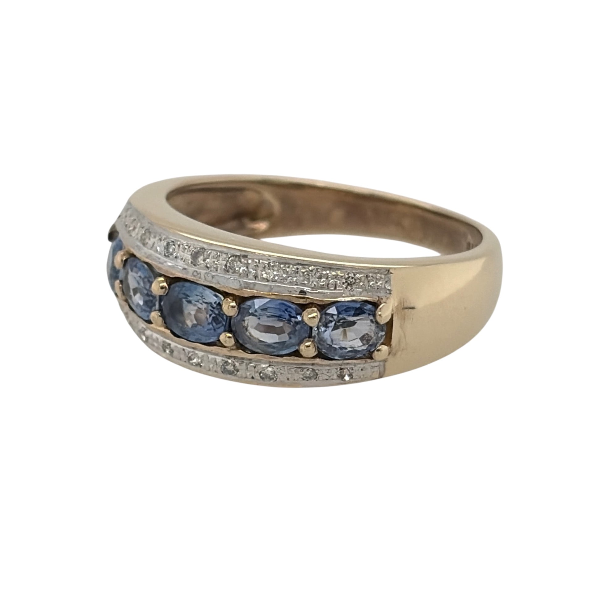 This pre-owned 9ct yellow gold diamond and sapphire band ring is a distinctive design, featuring oval sapphires complemented by rows of white gold-set diamonds.

Design: Featuring a wide gemstone band design, this ring has oval sapphires set across the front with a row of diamonds above and below for a detailed two-tone appearance.
Material: Made from 9-carat yellow and white gold.