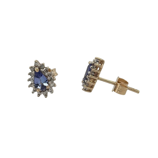 9ct Gold Diamond & Tanzanite Teardrop Cluster Stud Earrings