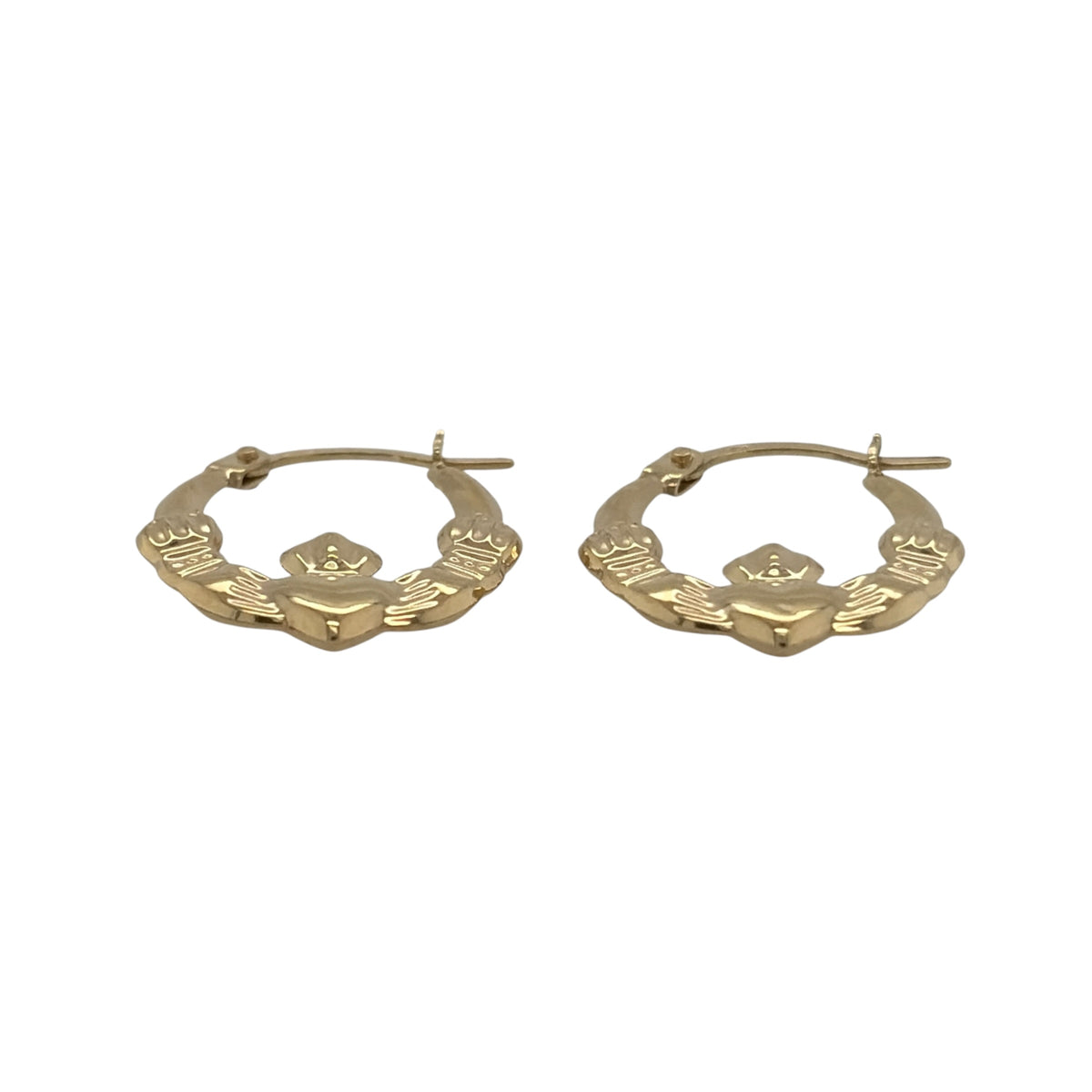 New 9ct Yellow Gold Round Claddagh Creole Earrings with the weight 0.50 grams and approx 1.7cm height by 1.4cm width