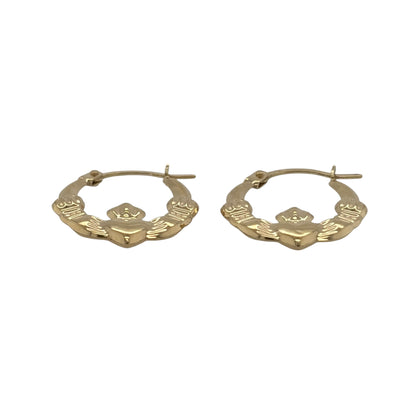 New 9ct Yellow Gold Round Claddagh Creole Earrings with the weight 0.50 grams and approx 1.7cm height by 1.4cm width