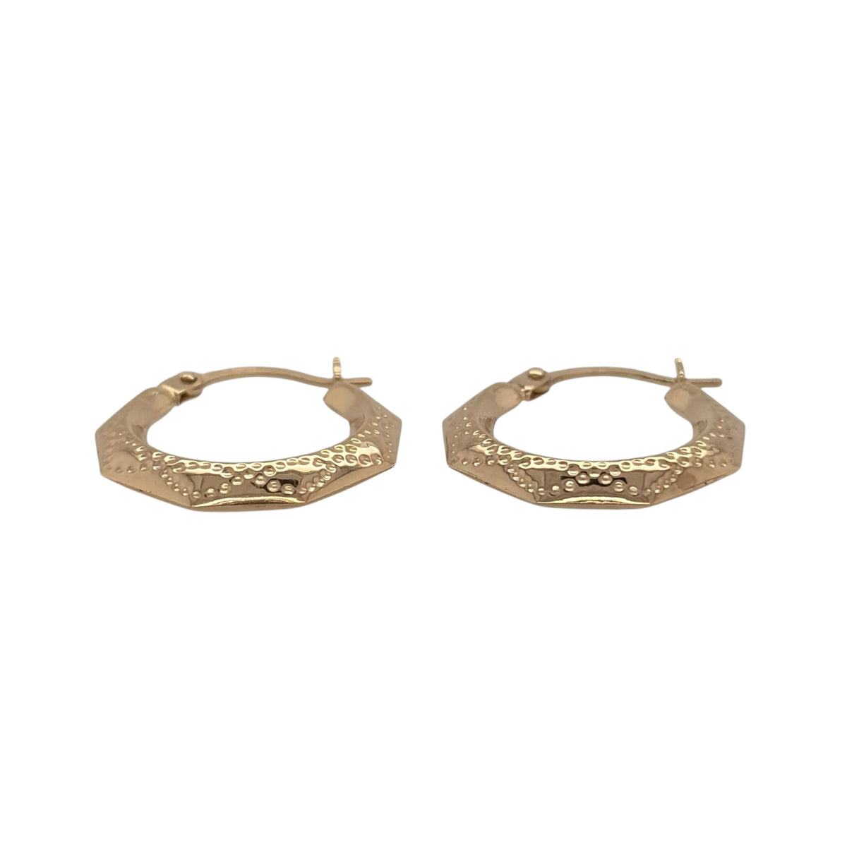 New 9ct Yellow Gold Victorian Style Patterned Creole Earrings with the weight 0.60 grams and approx 1.6cm height by 1.7cm width