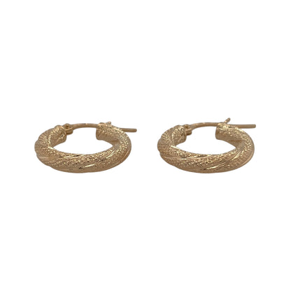 New 9ct Yellow Gold Textured Twist Hoop Creole Earrings with the weight 0.80 grams and approx 1.3cm diameter