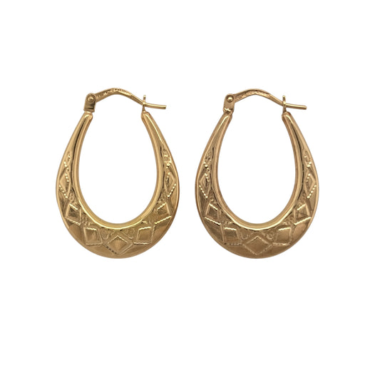9ct Gold Victorian Style Patterned Oval Creole Earrings
