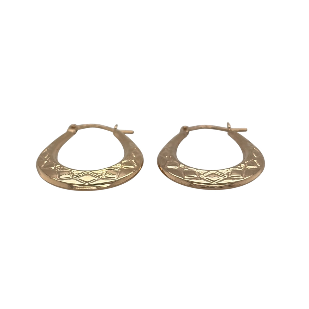 New 9ct Yellow Gold Victorian Style Patterned Oval Creole Earrings with the weight 1 gram and approx 2.7cm height by 2cm width