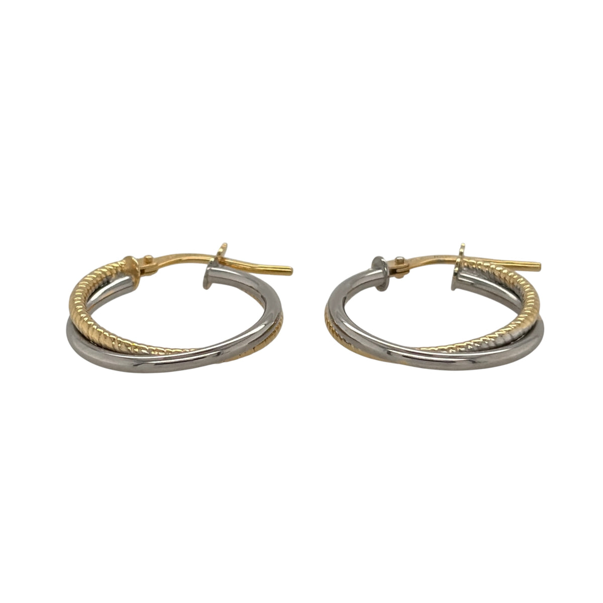 New 9ct Yellow and White Gold Two Tone Double Twist Hoop Creole Earrings with the weight 1.20 grams and approx 1.8cm diameter