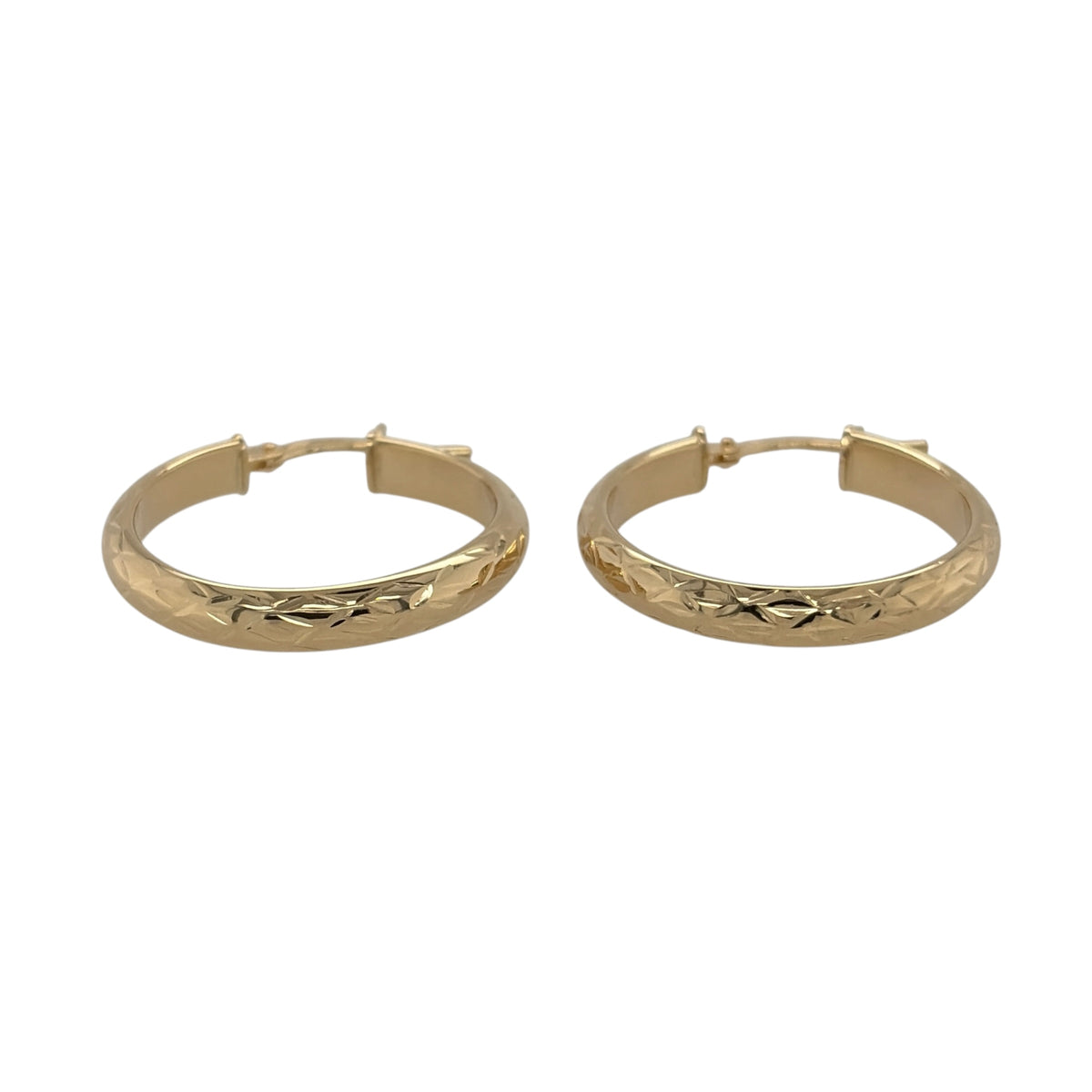 New 9ct Yellow Gold Diamond Cut Patterned Hoop Creole Earrings with the weight 1.60 grams and approx 2.5cm diameter