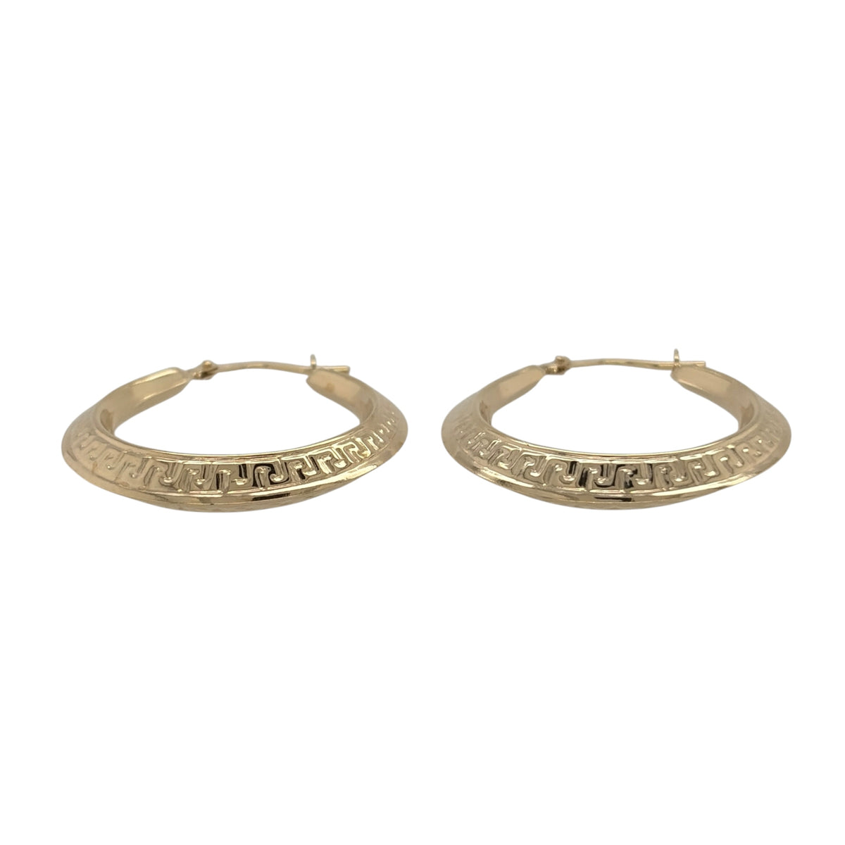 New 9ct Yellow Gold Greek Key Hoop Creole Earrings with the weight 1.50 grams and approx 2.8cm diameter